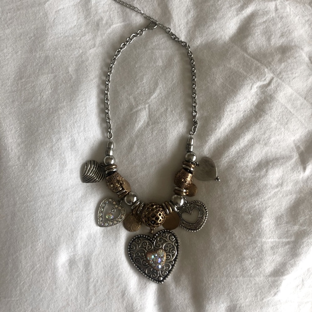 Brighton Retired Heart Charm Necklace Silver Gold Two Tone Pave Crystal Boho